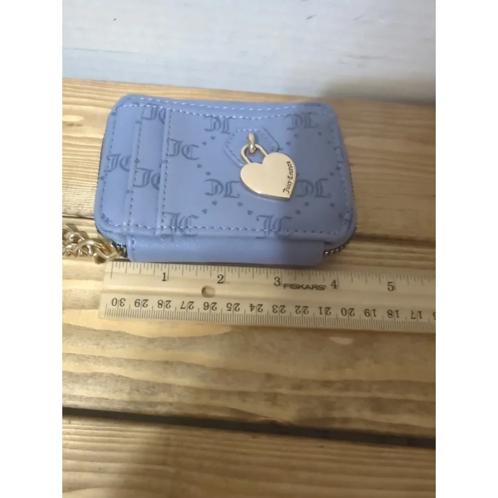 Juicy Couture Blue Pebbled Zip Wallet Heart Coin Purse Gold Chain Logo Charm